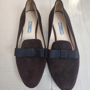 Prada Dark Brown Suede Loafers with Black Bow